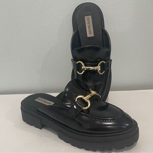 STEVE MADDEN Missk Black Patent Leather Chunky Lug Platform Mule Loafers  (7)